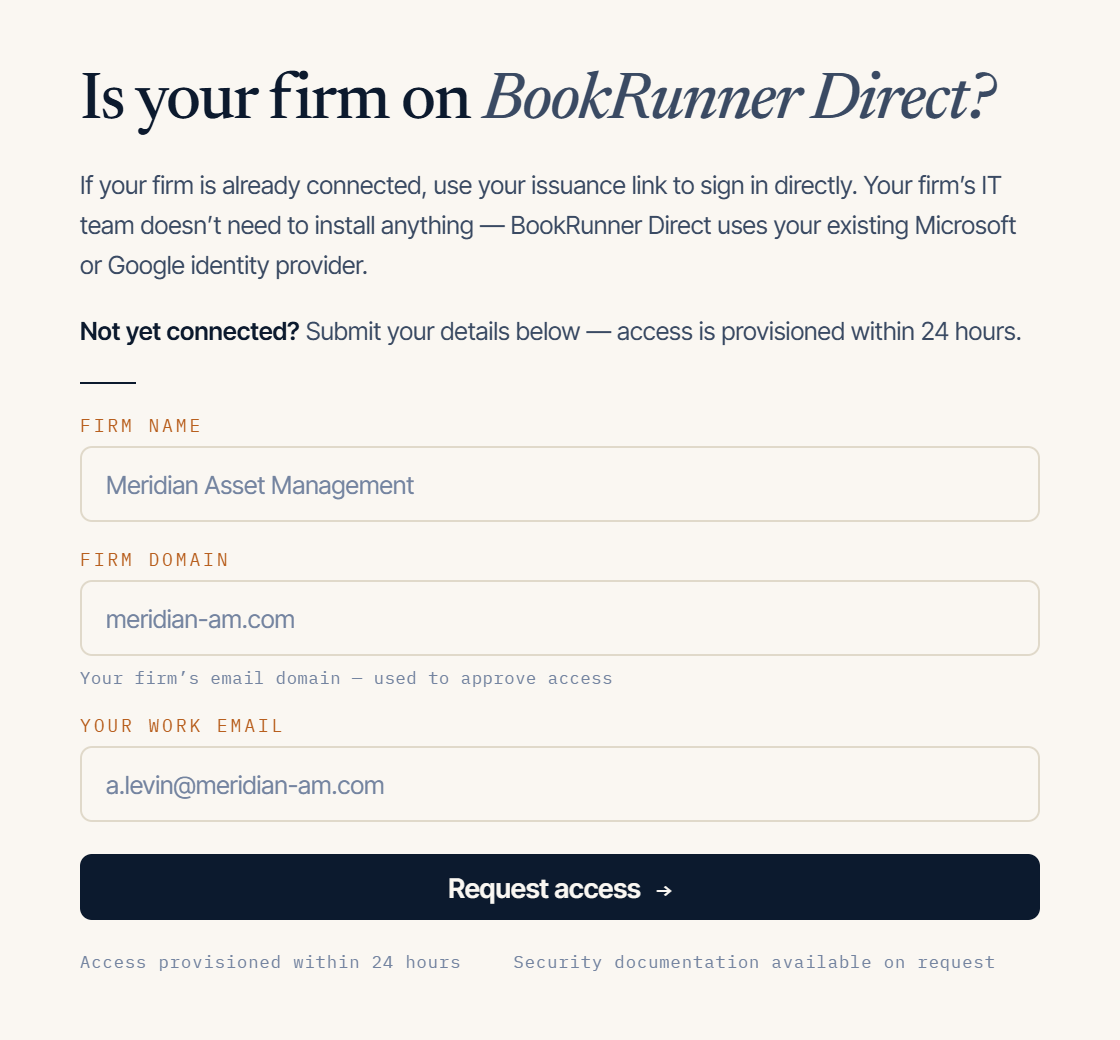 The firm-access form on BookRunner Direct, with fields for firm name, firm domain and work email above a Request access button.