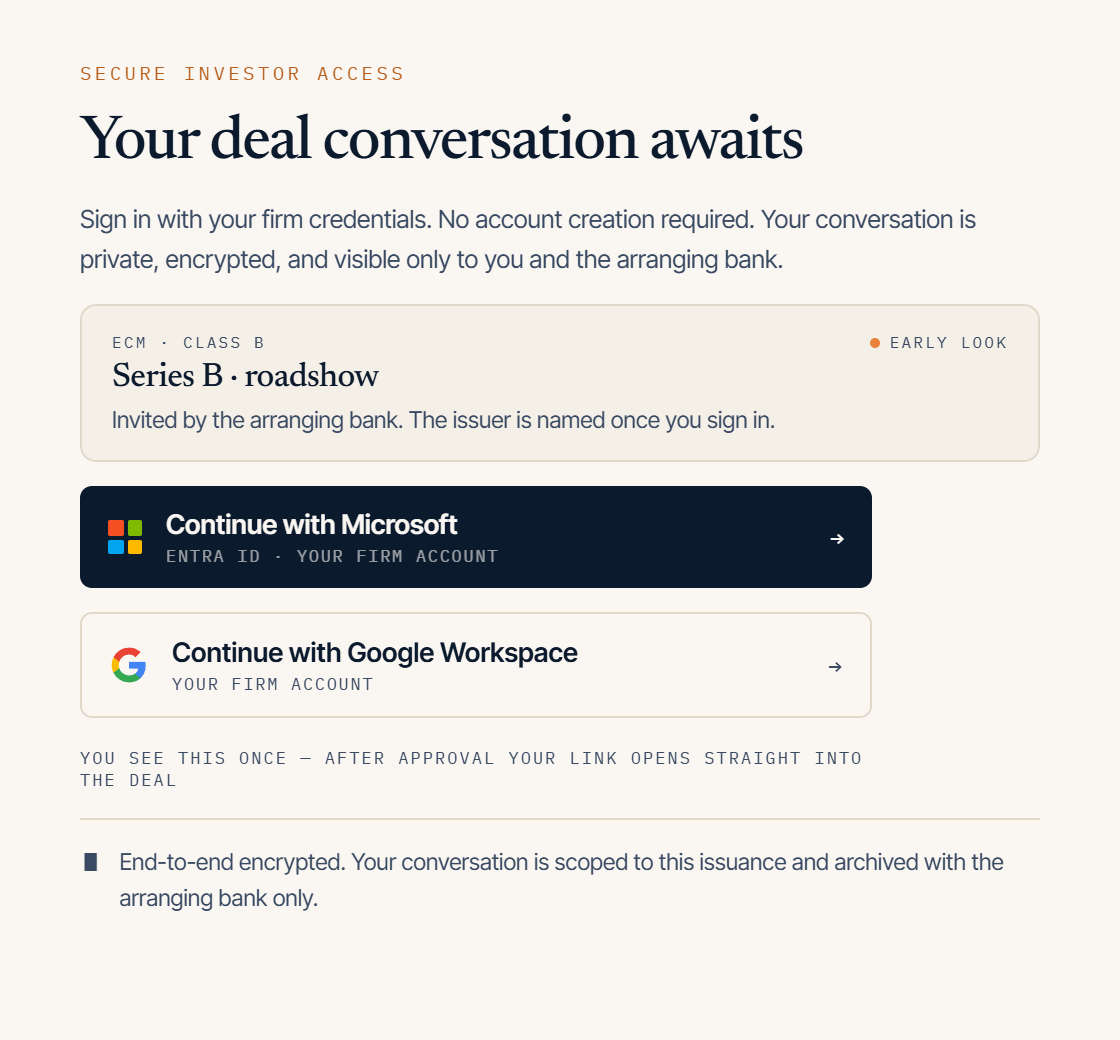 The issuance sign-in screen, offering Microsoft and Google as the two ways in, above a line stating the conversation is end-to-end encrypted.