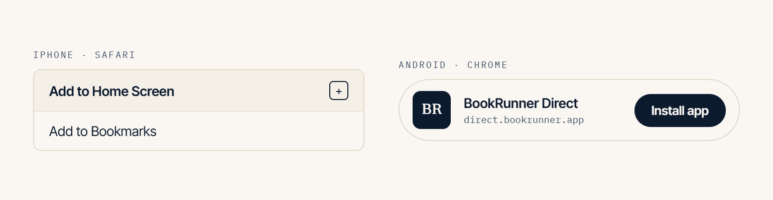 The iPhone share-sheet row reading Add to Home Screen beside the Android prompt to install the app.