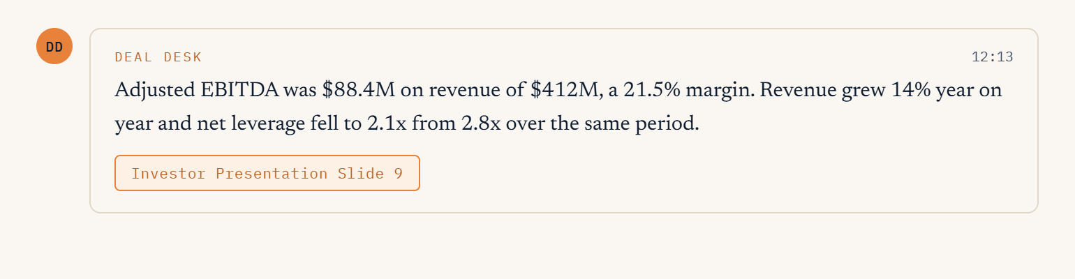 The last lines of a Deal Desk answer with its citation attached beneath, naming slide nine of the investor presentation.